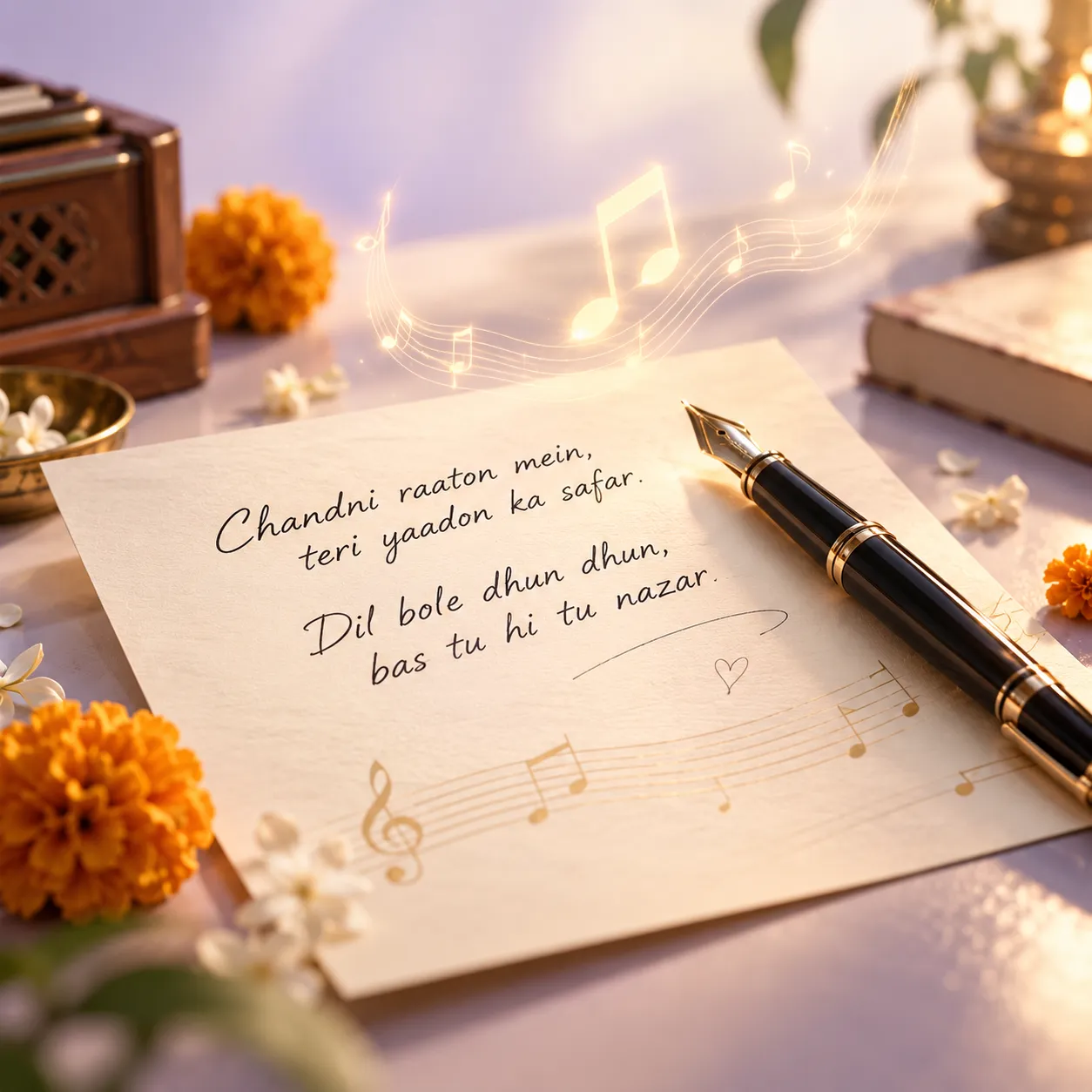 Step 1: Write lyrics on paper - Chandni raaton mein dil bole dhun dhun
