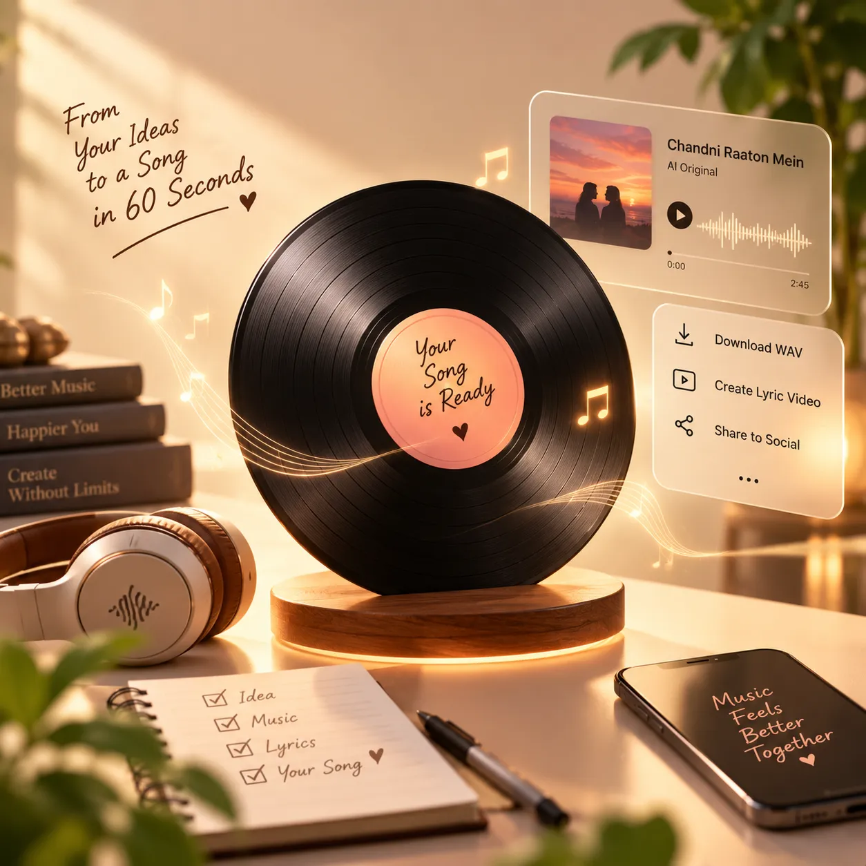 Step 3: Song ready in 60 seconds - Download WAV and lyric video